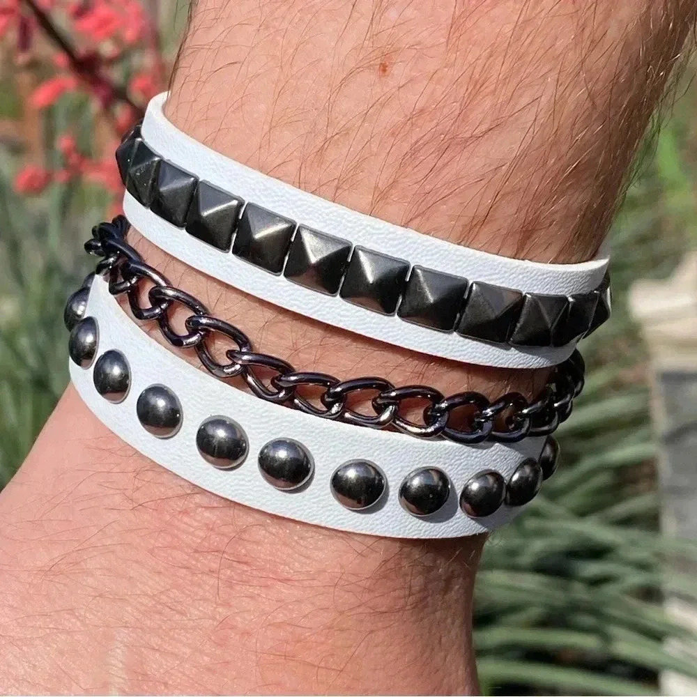 White Leather Punk Goth Rock Studded Chain Metal Stud Snap Chain Cuff Bracelet